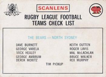 1975 Scanlens - Checklists #NNO North Sydney Front
